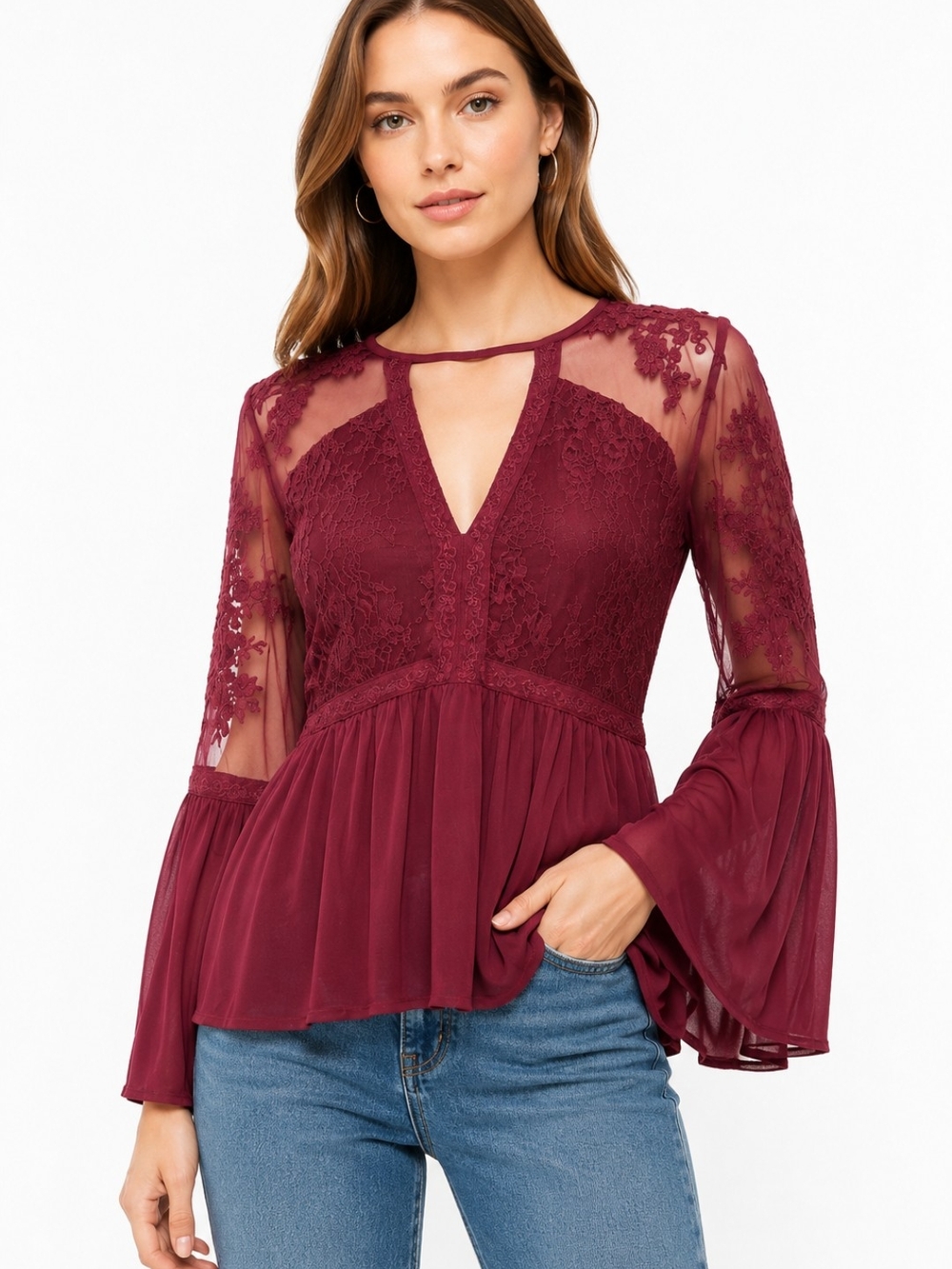 American Eagle Outfitters Burgundy Romantic Lace Boho Top XL EUC